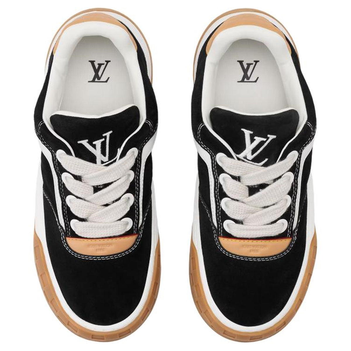 Louis Vuitton LV Ollie Black Suede & White Leather Curved V-Stripe Caramel Heel Accent Gum Checkered Sole Low-Top Sneakers – Black, White & Caramel