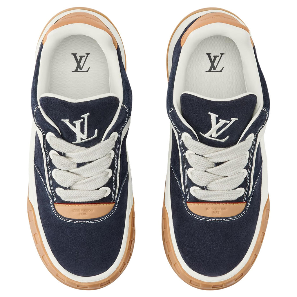 Louis Vuitton LV Ollie Deep Navy Blue Suede & Off-White Leather Curved V-Stripe Caramel Heel Accent Gum Checkered Sole Low-Top Sneakers – Navy, Cream & Caramel