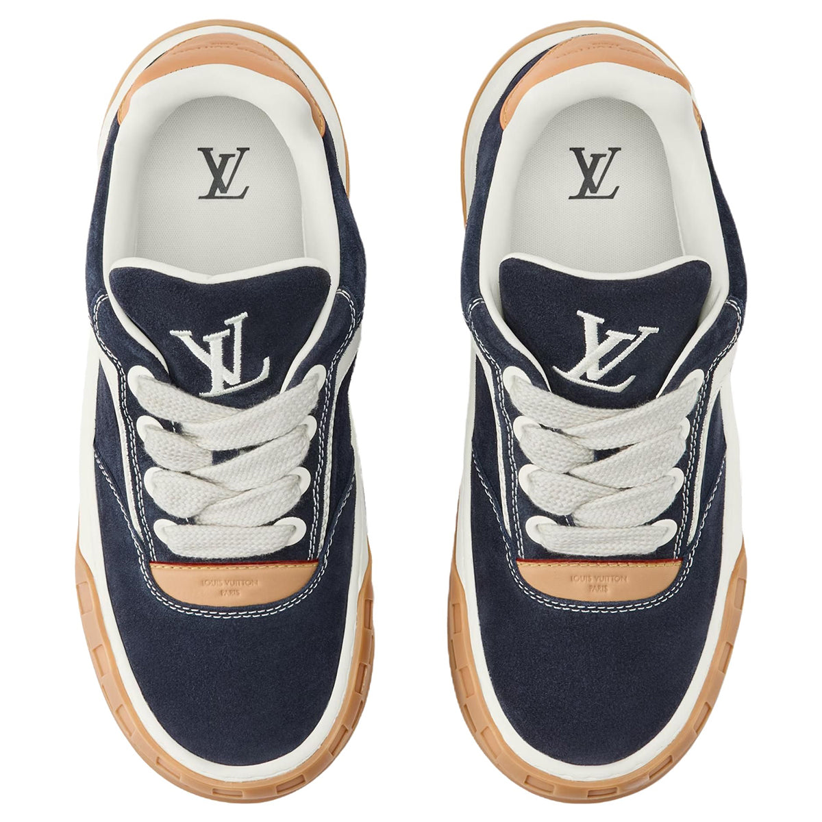 Louis Vuitton LV Ollie Deep Navy Blue Suede & Off-White Leather Curved V-Stripe Caramel Heel Accent Gum Checkered Sole Low-Top Sneakers – Navy, Cream & Caramel