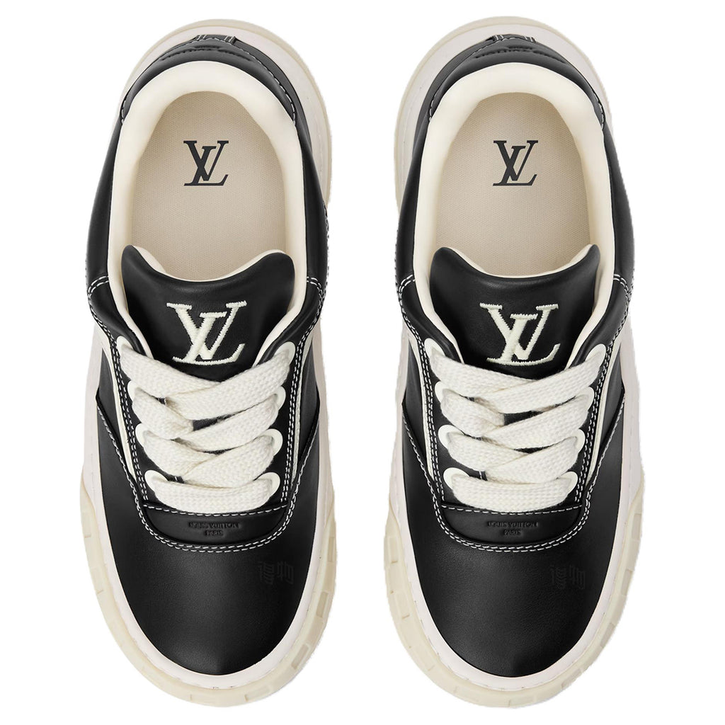 Louis Vuitton LV Ollie Black Smooth Calf Leather & Off-White Leather Curved V-Stripe Cream Heel Accent Off-White Checkered Sole Low-Top Sneakers – Black & Cream