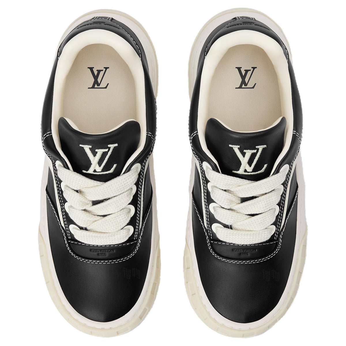 Louis Vuitton LV Ollie Black Smooth Calf Leather & Off-White Leather Curved V-Stripe Cream Heel Accent Off-White Checkered Sole Low-Top Sneakers – Black & Cream