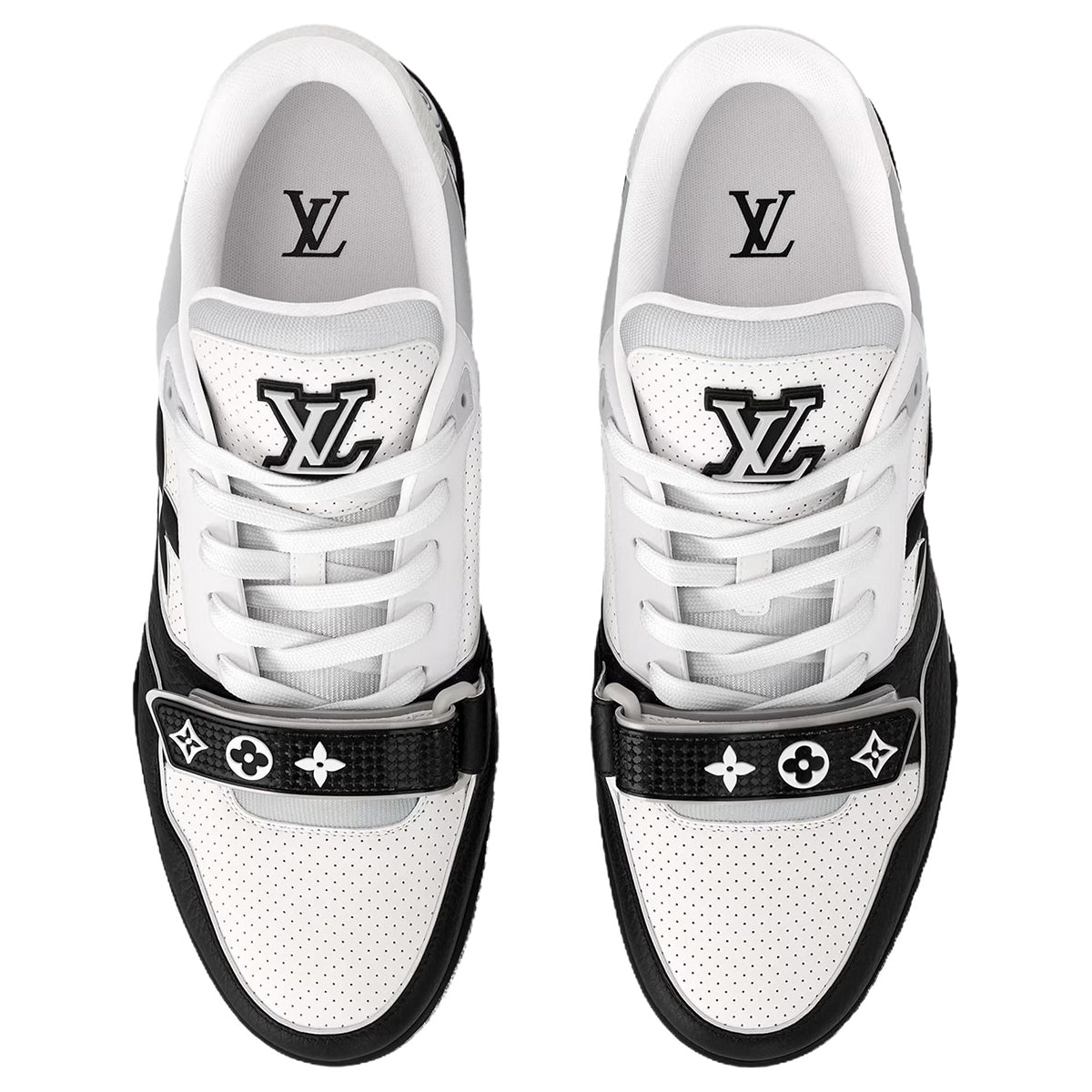 Louis Vuitton Trainer Velcro Strap Oversized LV Flower Perforated & Embossed Leather Low-Top Sneakers – Black & White