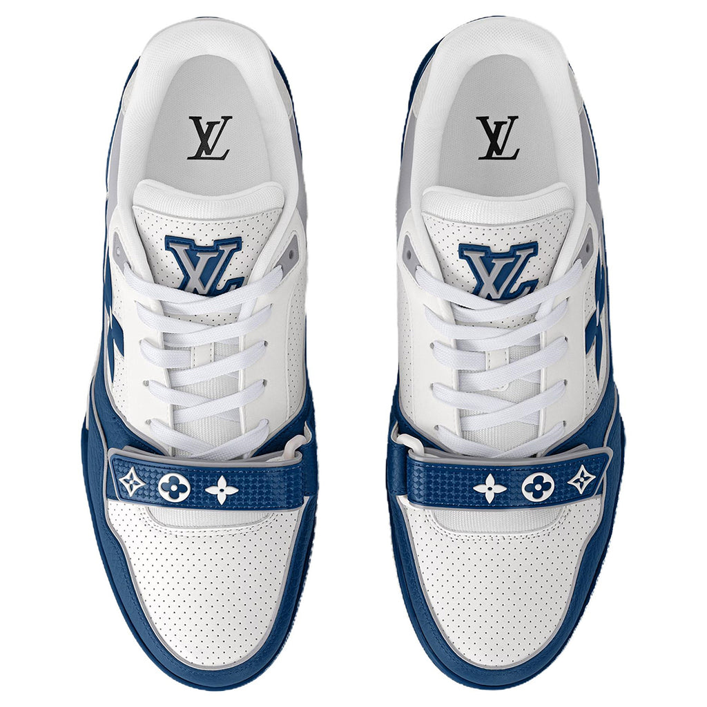 Louis Vuitton Trainer Velcro Strap Oversized LV Flower Perforated & Embossed Leather Low-Top Sneakers – Royal Blue, White & Grey