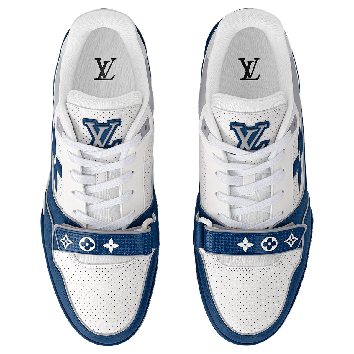 Louis Vuitton Trainer Velcro Strap Oversized LV Flower Perforated & Embossed Leather Low-Top Sneakers – Royal Blue, White & Grey