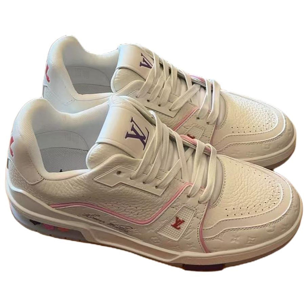 Louis Vuitton Trainer Shanghai Cruise Exclusive White Grained Leather LV Monogram Embossed Low-Top Sneakers – White, Rose Pink & Ice Blue