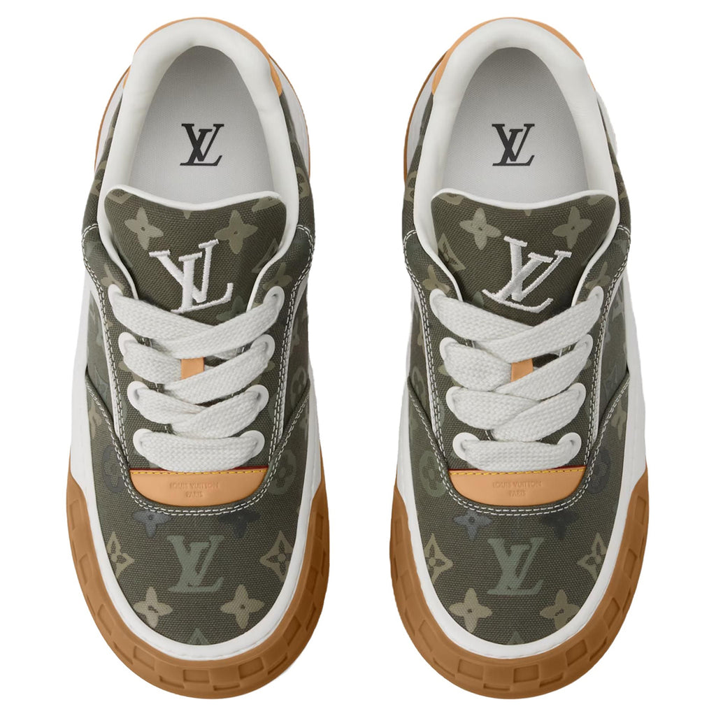 Louis Vuitton LV Ollie Khaki Military Olive Tonal Monogram Canvas White Leather V-Stripe Caramel Tan Heel Accent Gum Sole Low-Top Sneakers – Khaki Monogram & Caramel