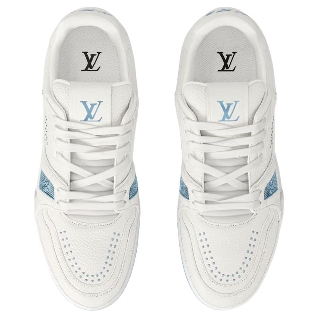 Louis Vuitton Trainer White Smooth Leather Silver Stud Embellishment & Sky Blue Diamond Mesh Low-Top Sneakers – White & Sky Blue