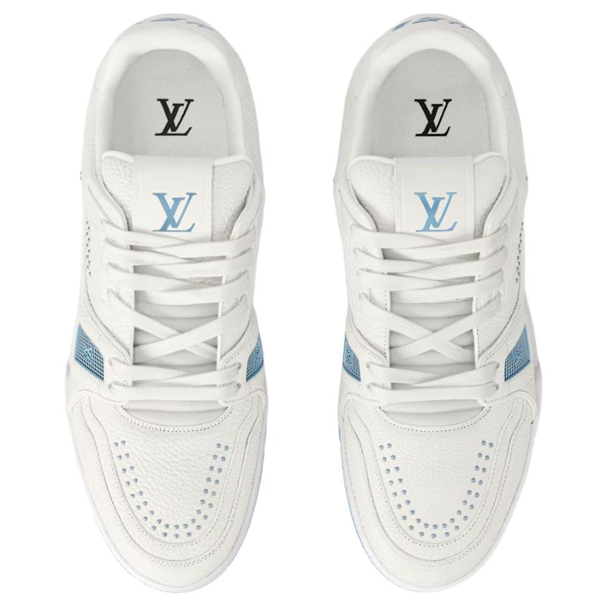 Louis Vuitton Trainer White Smooth Leather Silver Stud Embellishment & Sky Blue Diamond Mesh Low-Top Sneakers – White & Sky Blue