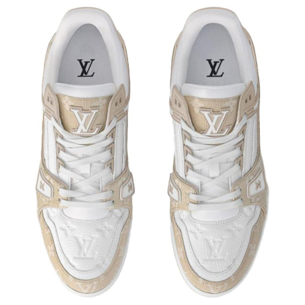 Louis Vuitton Trainer Monogram Denim Canvas & Smooth Leather Low-Top Sneakers – Beige & White