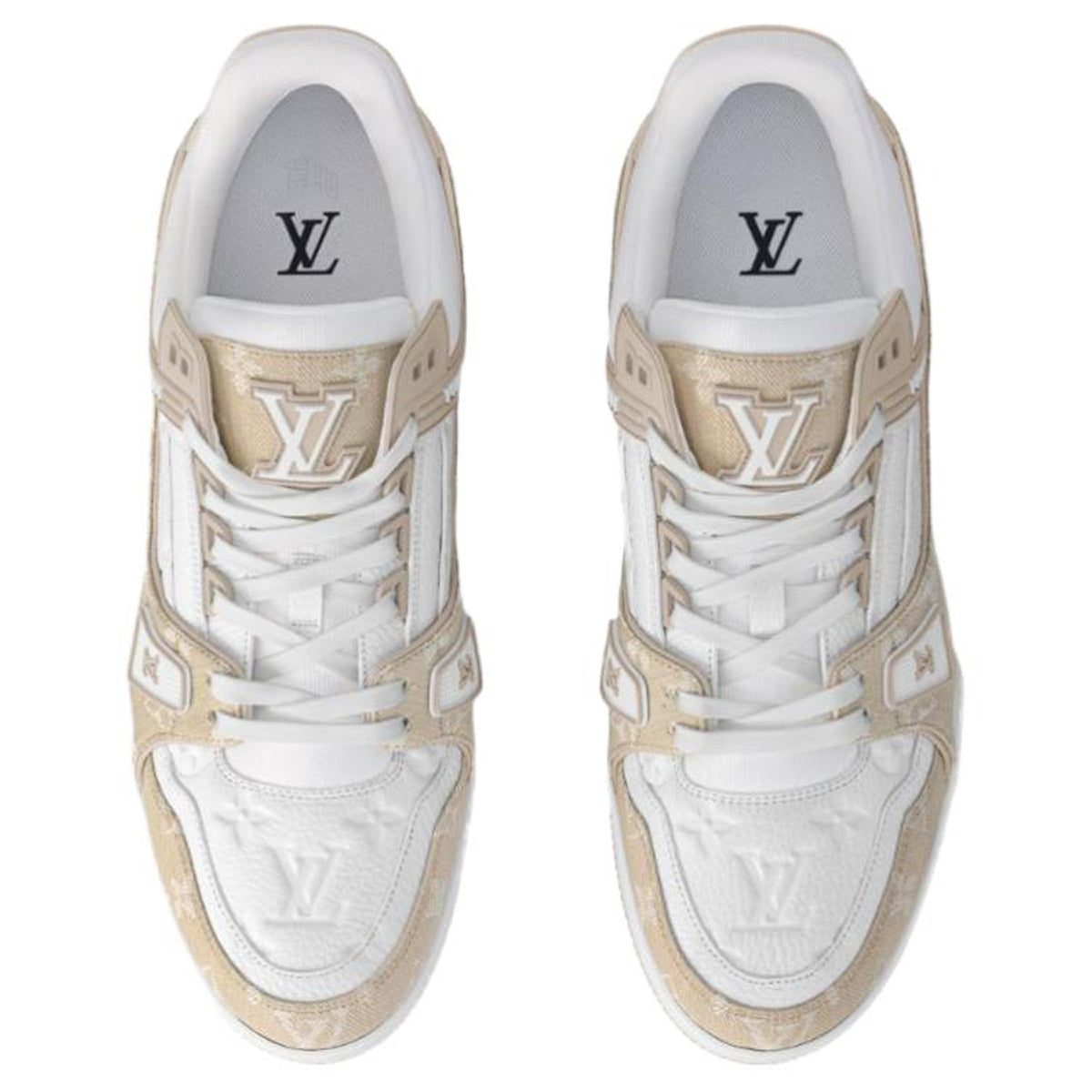 Louis Vuitton Trainer Monogram Denim Canvas & Smooth Leather Low-Top Sneakers – Beige & White