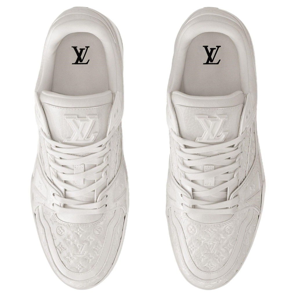 Louis Vuitton Trainer Monogram Embossed Grained Leather Low-Top Sneakers – Triple White