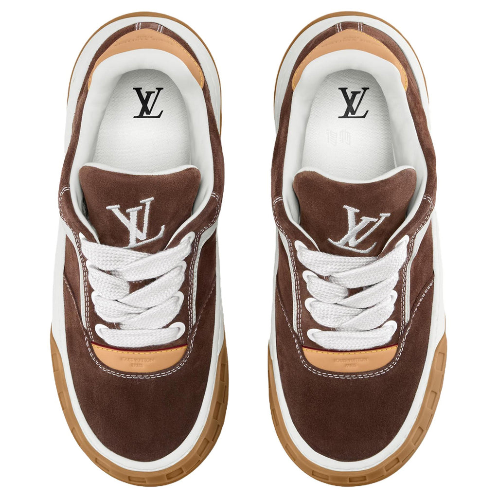 Louis Vuitton LV Ollie Deep Chocolate Brown Suede & White Leather Curved V-Stripe Caramel Tan Heel Accent Gum Checkered Sole Low-Top Sneakers – Chocolate Brown, White & Caramel