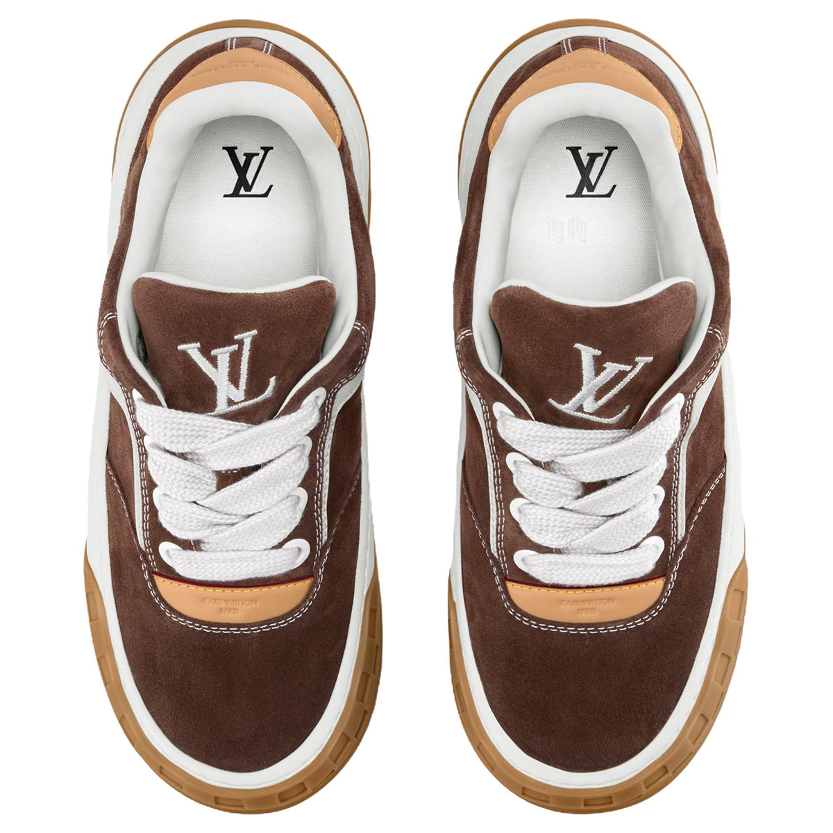 Louis Vuitton LV Ollie Deep Chocolate Brown Suede & White Leather Curved V-Stripe Caramel Tan Heel Accent Gum Checkered Sole Low-Top Sneakers – Chocolate Brown, White & Caramel