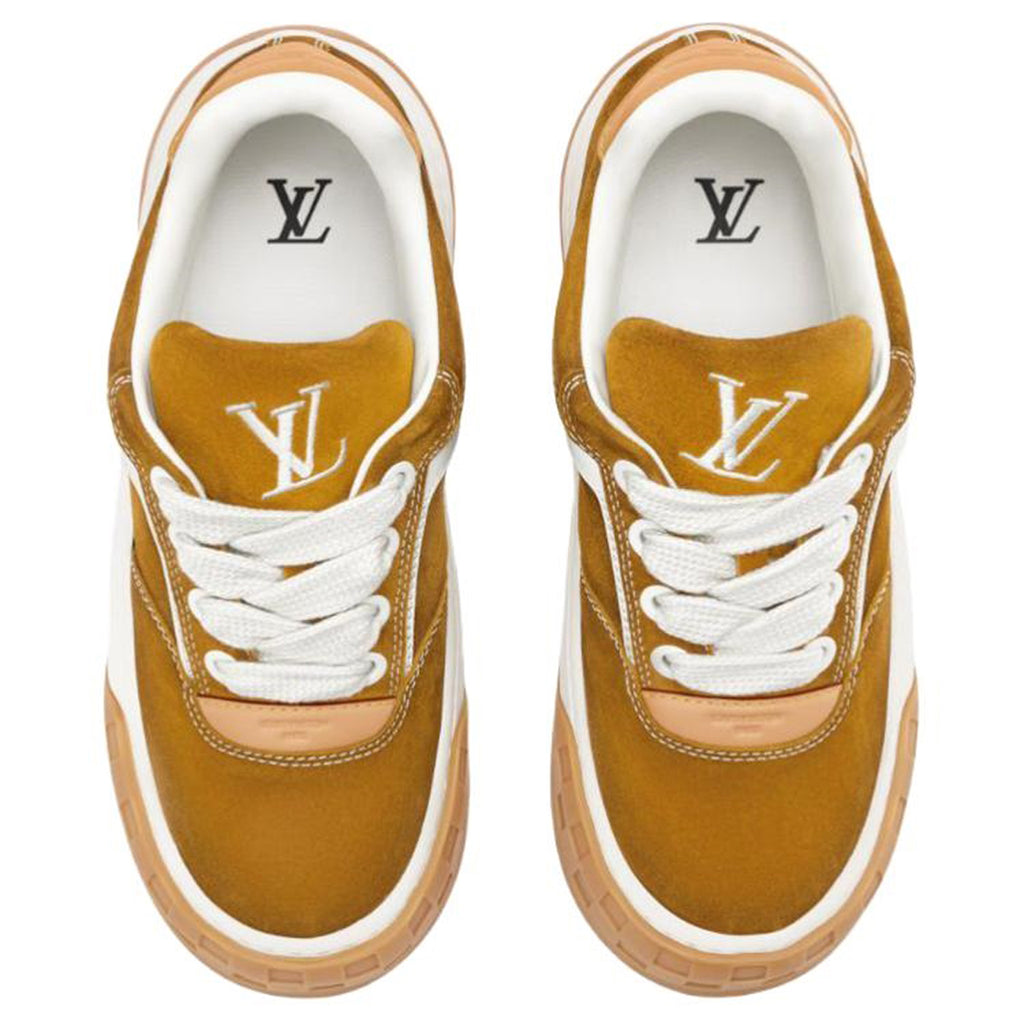 Louis Vuitton LV Ollie Honey Gold Mustard Suede & White Leather Curved V-Stripe Desert Tan Heel Accent Gum Checkered Sole Low-Top Sneakers – Honey Gold, White & Caramel