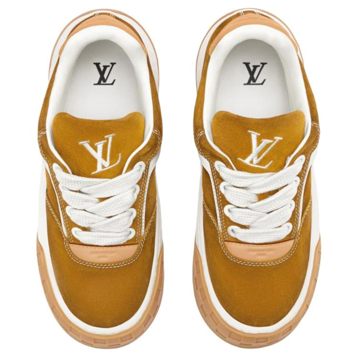Louis Vuitton LV Ollie Honey Gold Mustard Suede & White Leather Curved V-Stripe Desert Tan Heel Accent Gum Checkered Sole Low-Top Sneakers – Honey Gold, White & Caramel