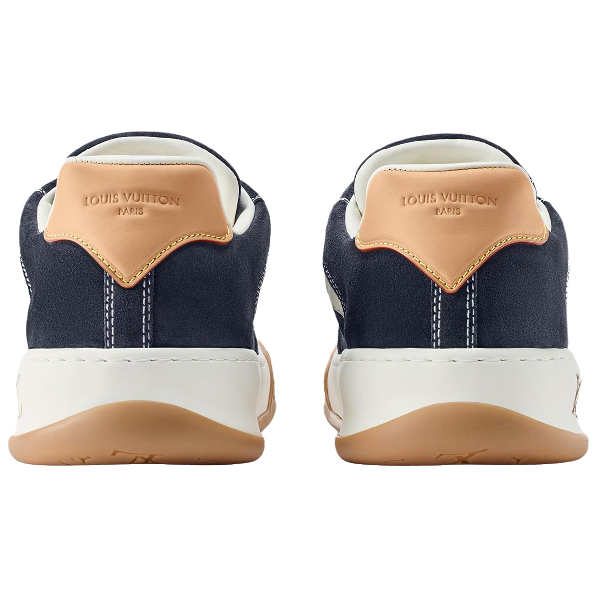 Louis Vuitton LV Ollie Deep Navy Blue Suede & Off-White Leather Curved V-Stripe Caramel Heel Accent Gum Checkered Sole Low-Top Sneakers – Navy, Cream & Caramel