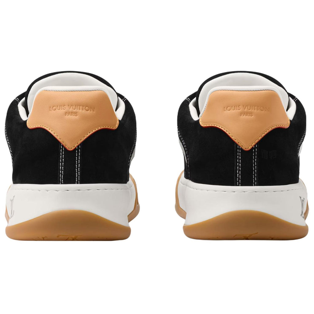 Louis Vuitton LV Ollie Black Suede & White Leather Curved V-Stripe Caramel Heel Accent Gum Checkered Sole Low-Top Sneakers – Black, White & Caramel