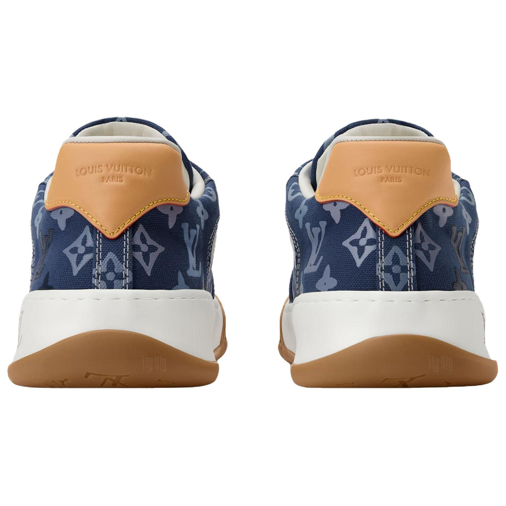 Louis Vuitton LV Ollie Navy Blue Tonal Monogram Canvas White Leather V-Stripe Orange Heel Accent Caramel Gum Sole Low-Top Sneakers – Navy Monogram & Orange