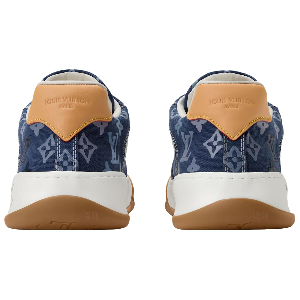 Louis Vuitton LV Ollie Navy Blue Tonal Monogram Canvas White Leather V-Stripe Orange Heel Accent Caramel Gum Sole Low-Top Sneakers – Navy Monogram & Orange