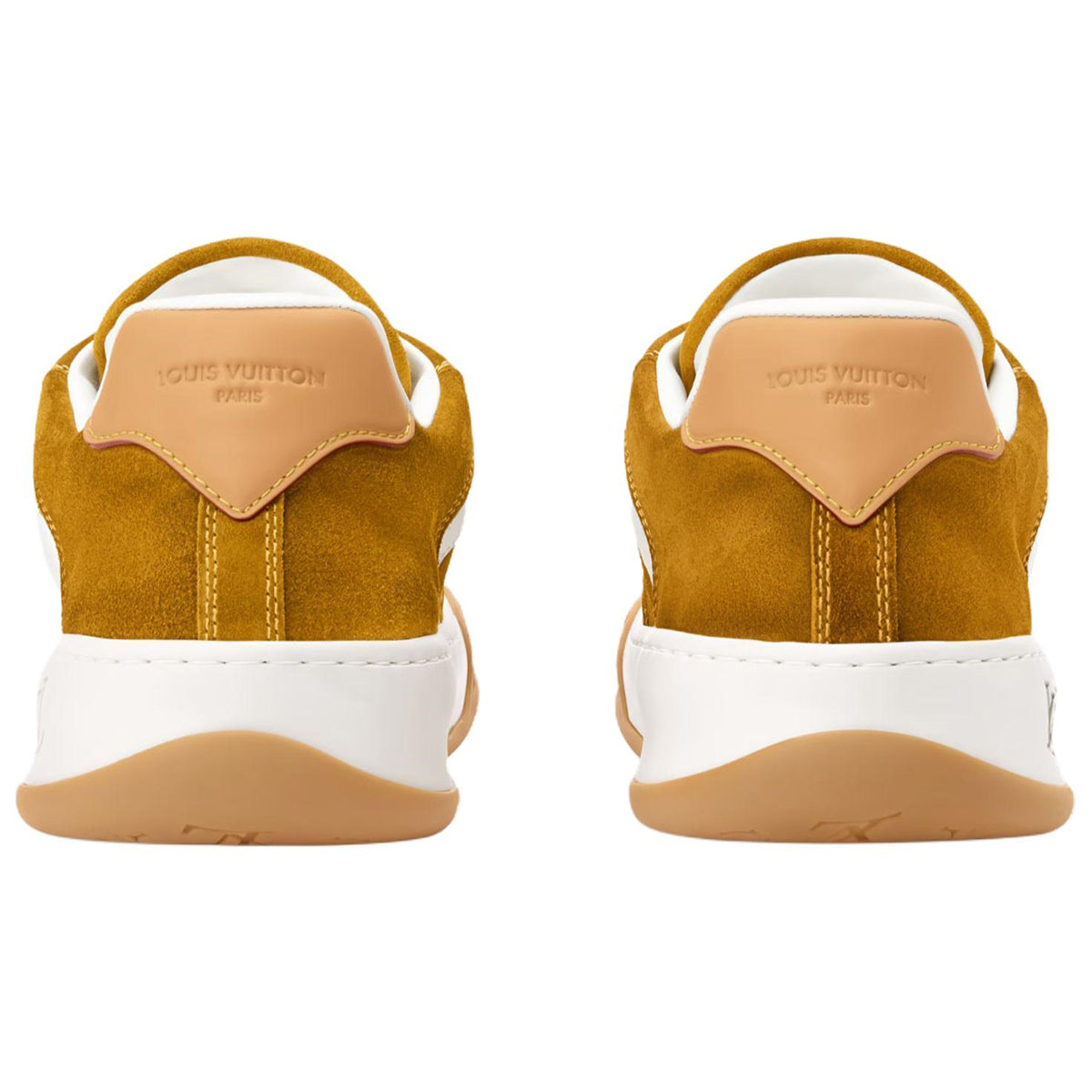 Louis Vuitton LV Ollie Honey Gold Mustard Suede & White Leather Curved V-Stripe Desert Tan Heel Accent Gum Checkered Sole Low-Top Sneakers – Honey Gold, White & Caramel