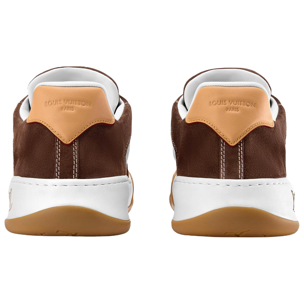 Louis Vuitton LV Ollie Deep Chocolate Brown Suede & White Leather Curved V-Stripe Caramel Tan Heel Accent Gum Checkered Sole Low-Top Sneakers – Chocolate Brown, White & Caramel