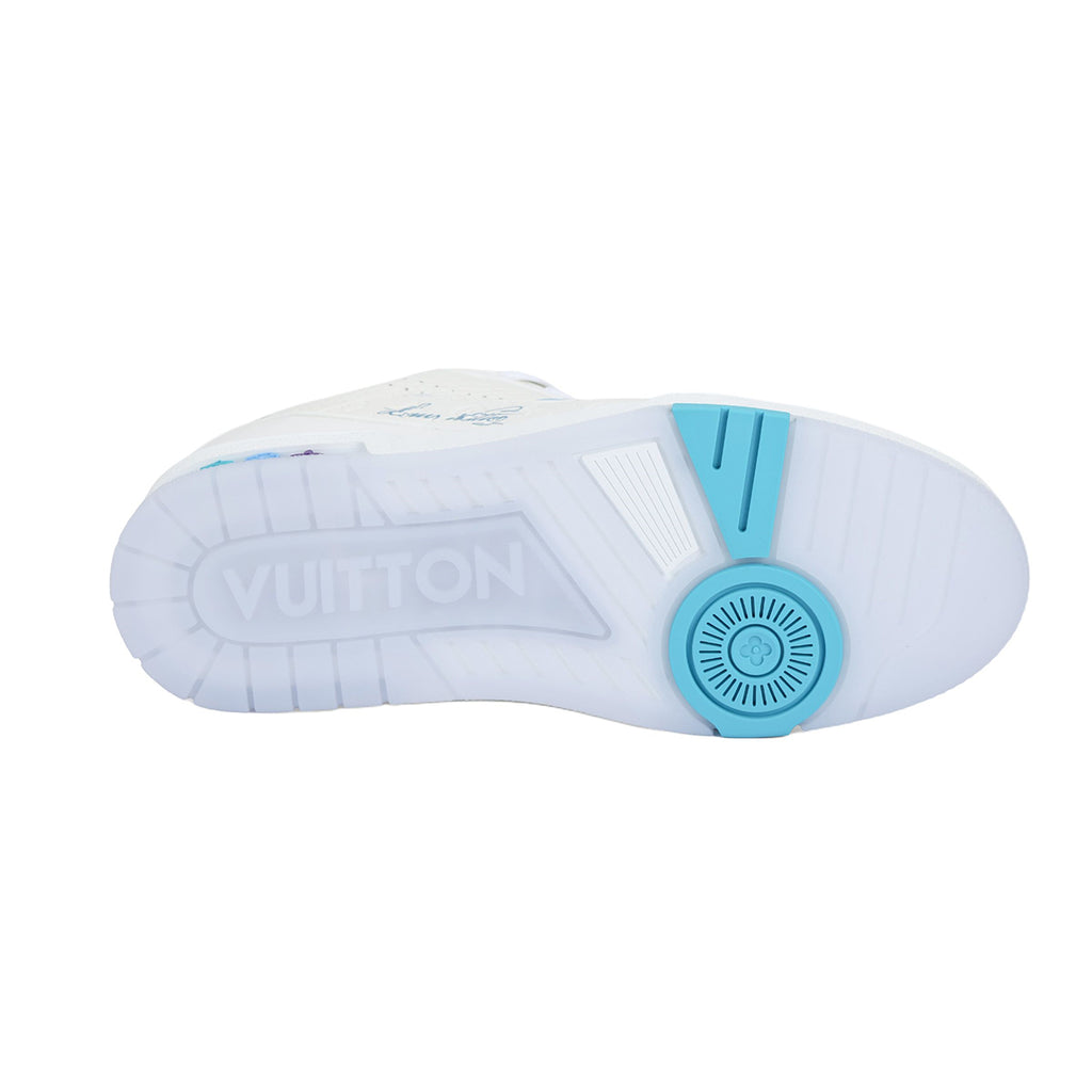 Louis Vuitton Trainer Shanghai Cruise Limited Edition White Grained Leather Ice Blue Piping & Violet Badge Cyan-Purple Sole Low-Top Sneakers – White, Ice Blue & Violet