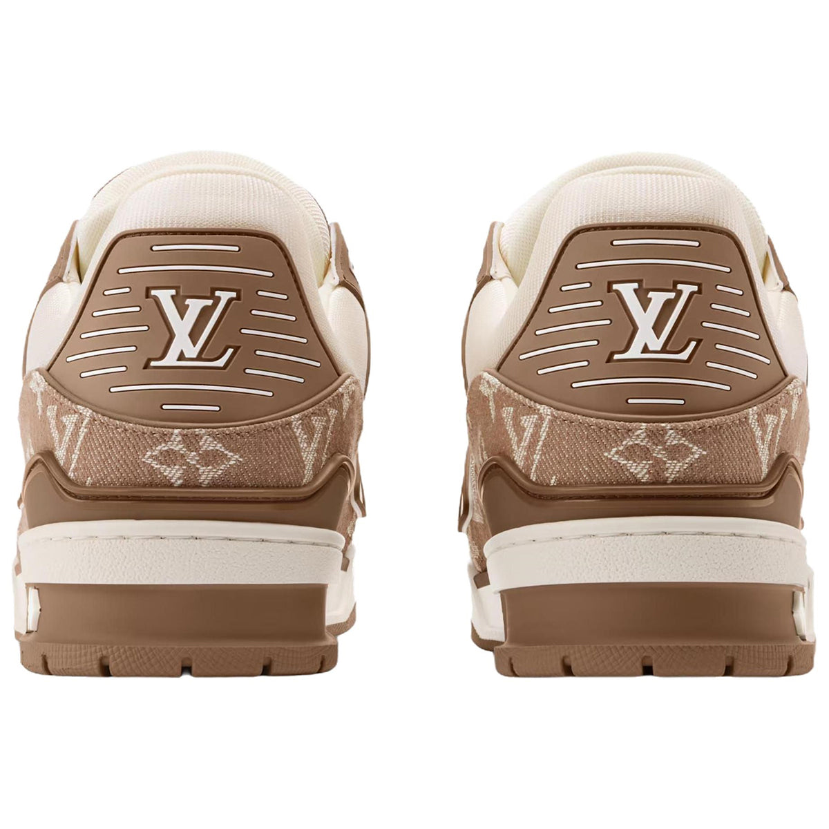 Louis Vuitton Trainer Mocha Monogram Jacquard Denim & Cream Embossed Monogram Leather Overlay Platform Low-Top Sneakers – Mocha, Cream & Brown