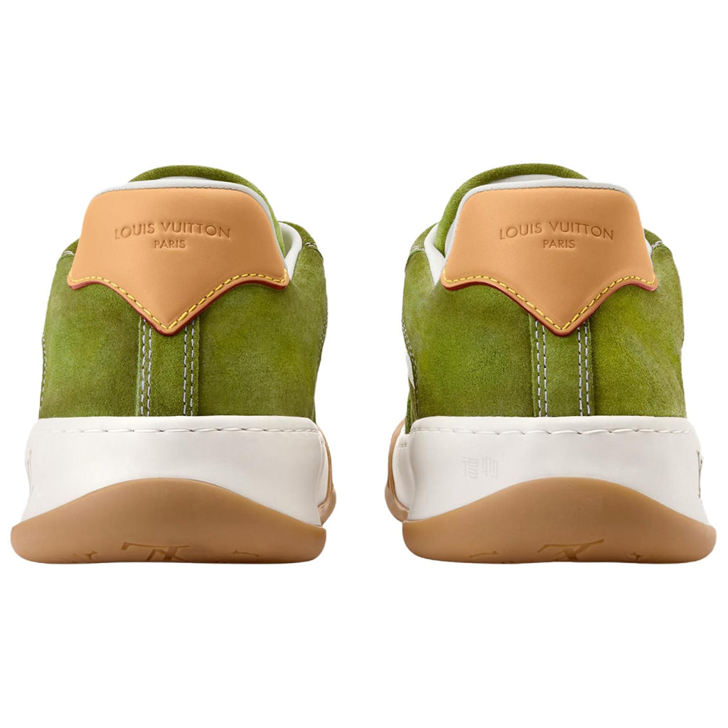 Louis Vuitton LV Ollie Olive Green Suede & White Leather Curved V-Stripe Caramel Tan Heel Accent Gum Checkered Sole Low-Top Sneakers – Olive Green, White & Caramel