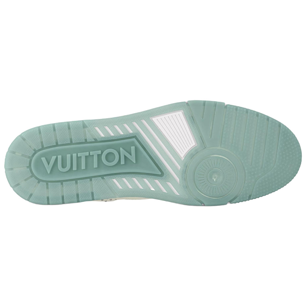 Louis Vuitton Trainer White Smooth Leather Silver Stud Embellishment & Sage Green Diamond Mesh Low-Top Sneakers – White & Sage Green