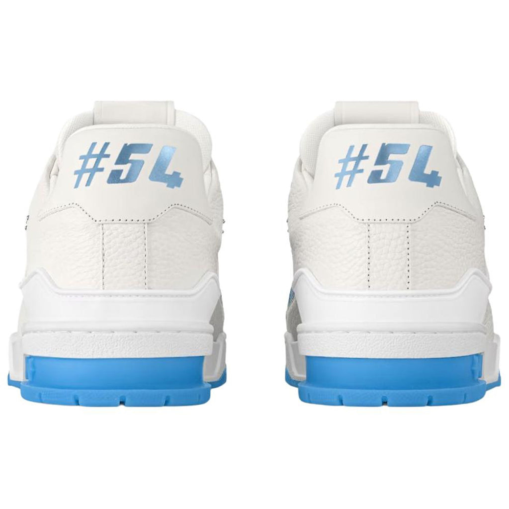 Louis Vuitton Trainer White Smooth Leather Silver Stud Embellishment & Sky Blue Diamond Mesh Low-Top Sneakers – White & Sky Blue