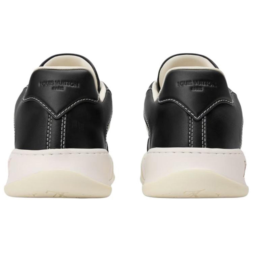 Louis Vuitton LV Ollie Black Smooth Calf Leather & Off-White Leather Curved V-Stripe Cream Heel Accent Off-White Checkered Sole Low-Top Sneakers – Black & Cream