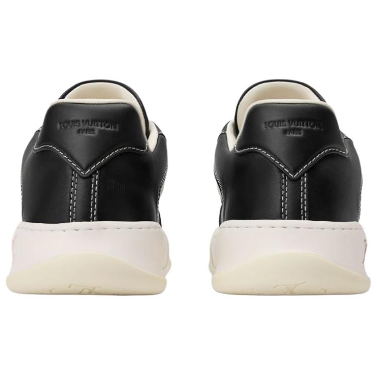 Louis Vuitton LV Ollie Black Smooth Calf Leather & Off-White Leather Curved V-Stripe Cream Heel Accent Off-White Checkered Sole Low-Top Sneakers – Black & Cream
