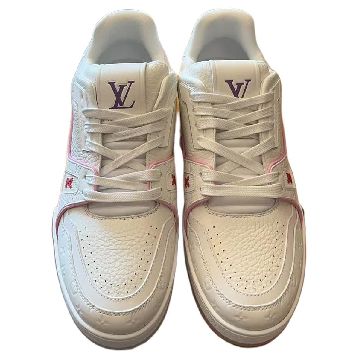 Louis Vuitton Trainer Shanghai Cruise Exclusive White Grained Leather LV Monogram Embossed Low-Top Sneakers – White, Rose Pink & Ice Blue
