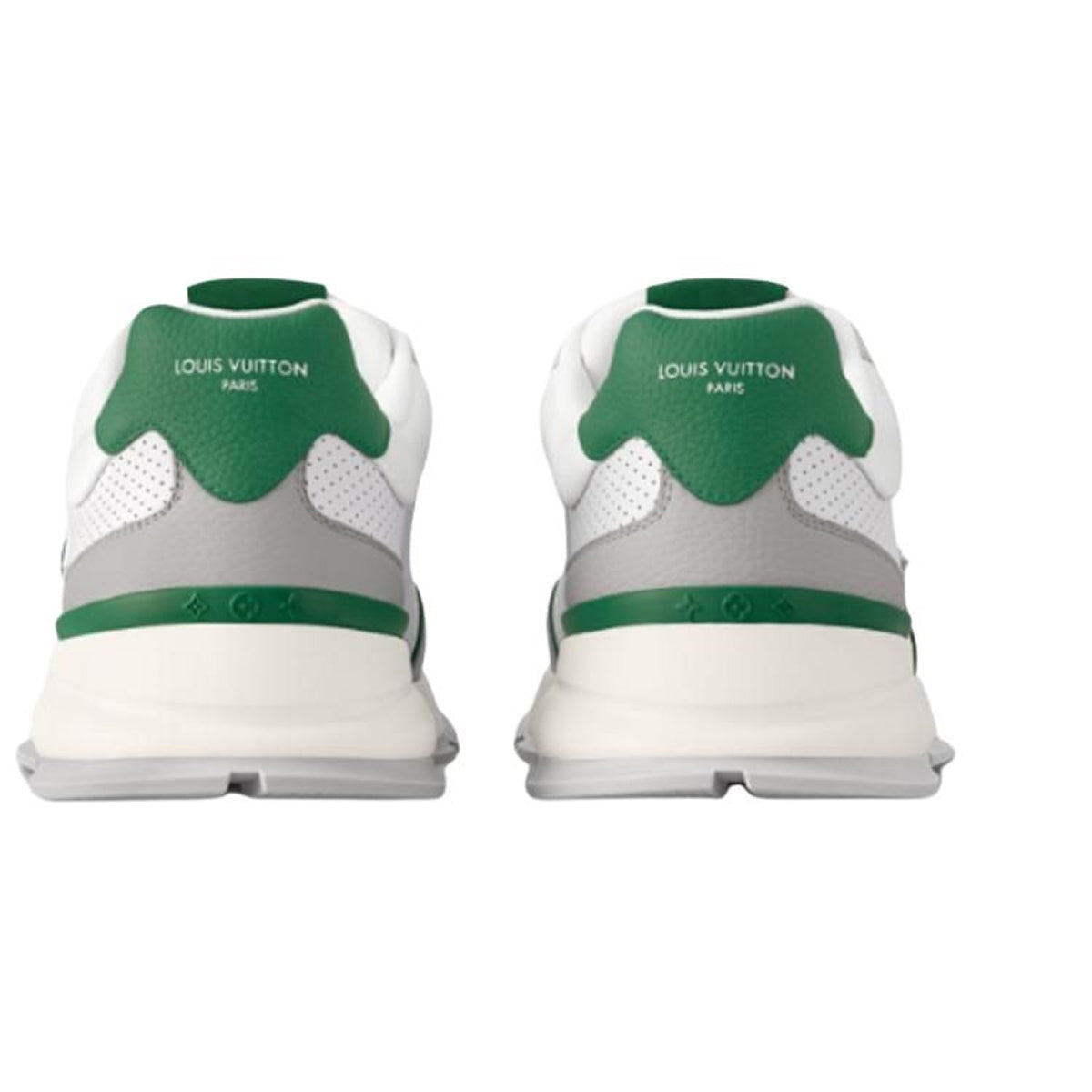 Louis Vuitton LV Runner White Perforated Leather & Grey Suede Oversized Green LV Logo Athletic Low-Top Sneakers – White, Grey & Forest Green