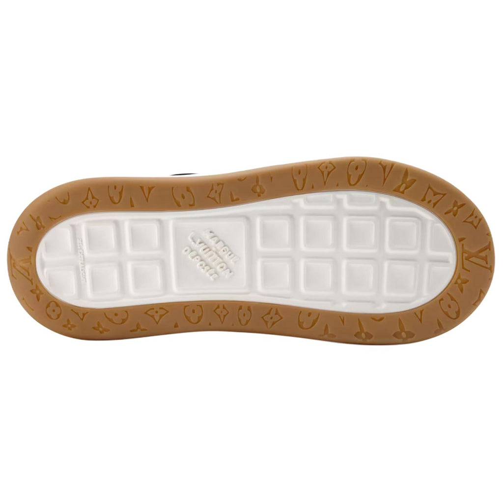 Louis Vuitton LV Ollie Black Suede & White Leather Curved V-Stripe Caramel Heel Accent Gum Checkered Sole Low-Top Sneakers – Black, White & Caramel