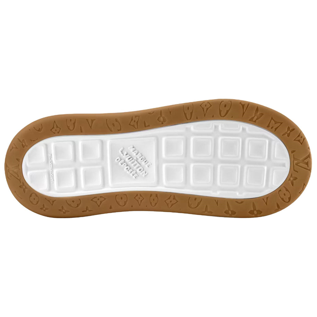 Louis Vuitton LV Ollie Deep Chocolate Brown Suede & White Leather Curved V-Stripe Caramel Tan Heel Accent Gum Checkered Sole Low-Top Sneakers – Chocolate Brown, White & Caramel