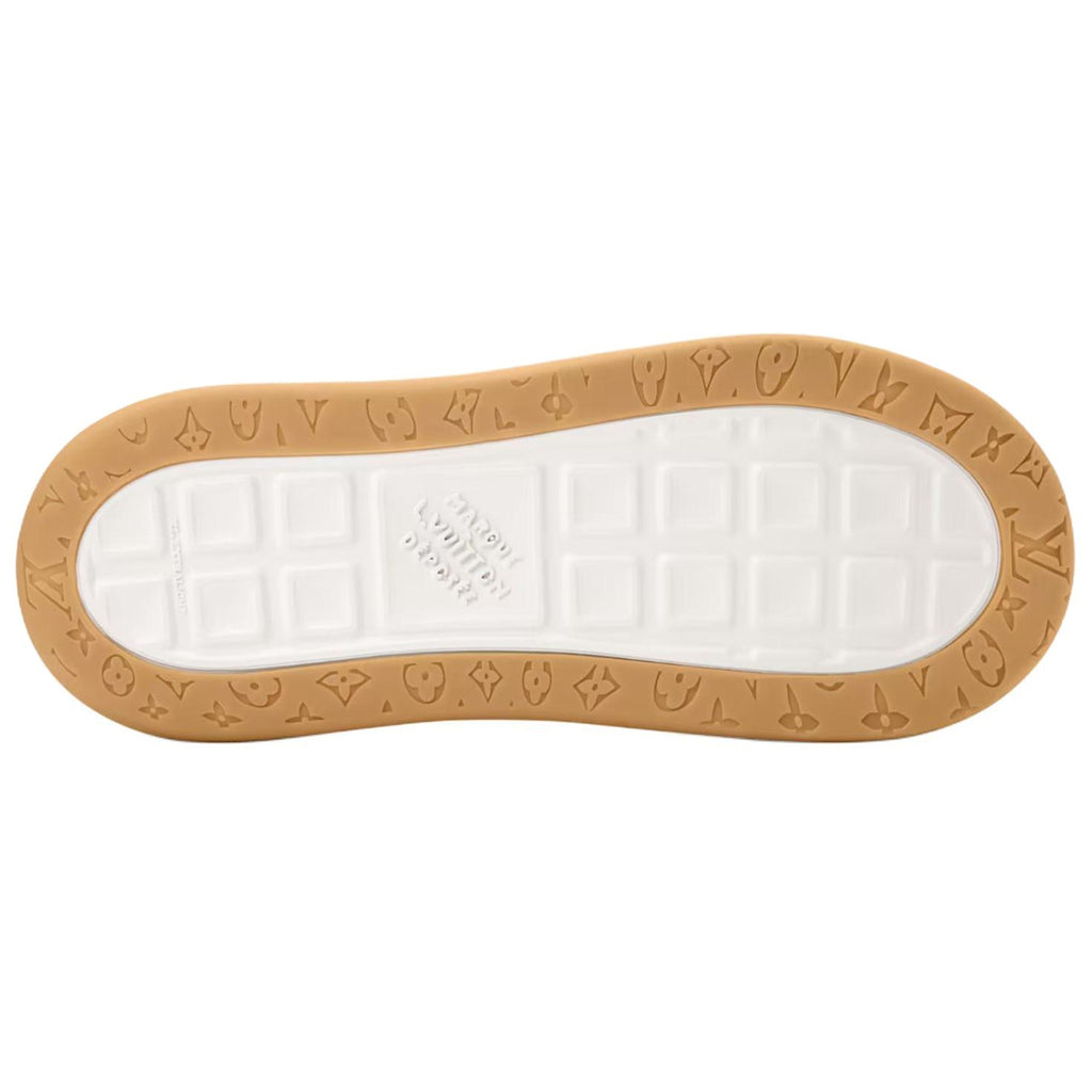 Louis Vuitton LV Ollie Honey Gold Mustard Suede & White Leather Curved V-Stripe Desert Tan Heel Accent Gum Checkered Sole Low-Top Sneakers – Honey Gold, White & Caramel