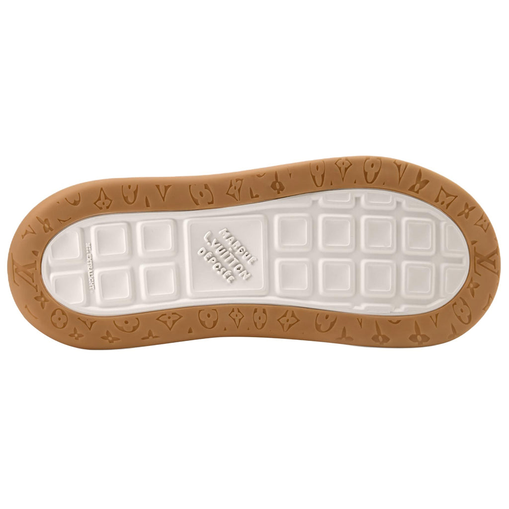 Louis Vuitton LV Ollie Olive Green Suede & White Leather Curved V-Stripe Caramel Tan Heel Accent Gum Checkered Sole Low-Top Sneakers – Olive Green, White & Caramel