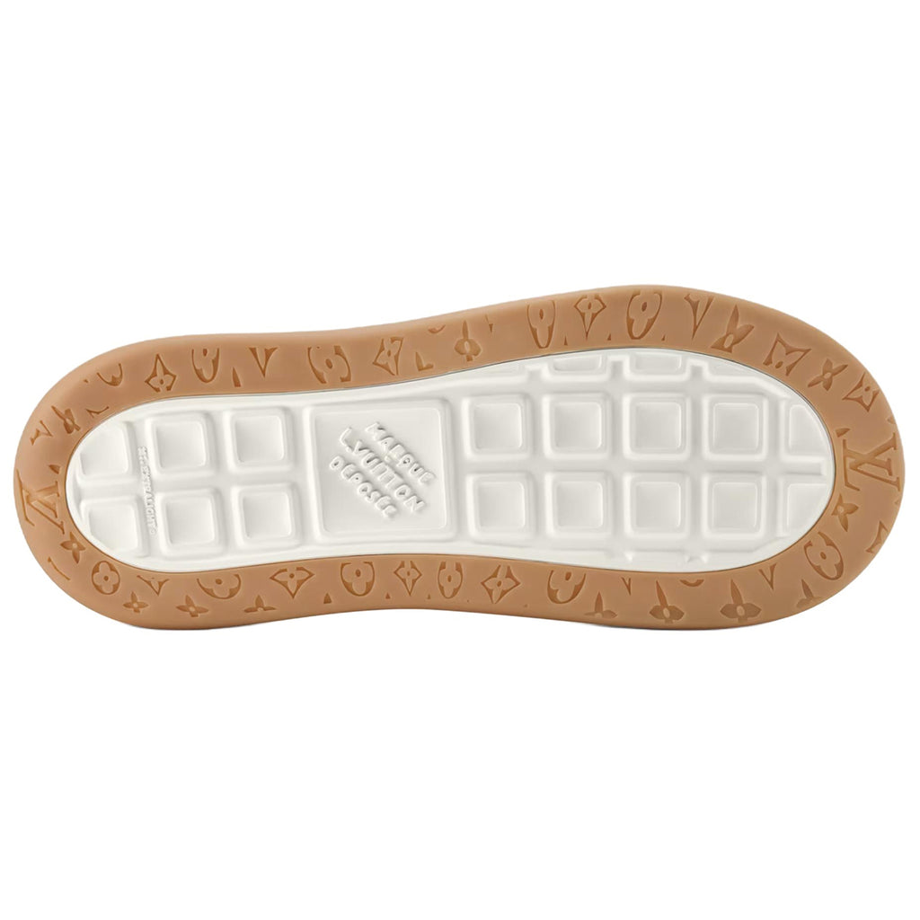Louis Vuitton LV Ollie Deep Navy Blue Suede & Off-White Leather Curved V-Stripe Caramel Heel Accent Gum Checkered Sole Low-Top Sneakers – Navy, Cream & Caramel