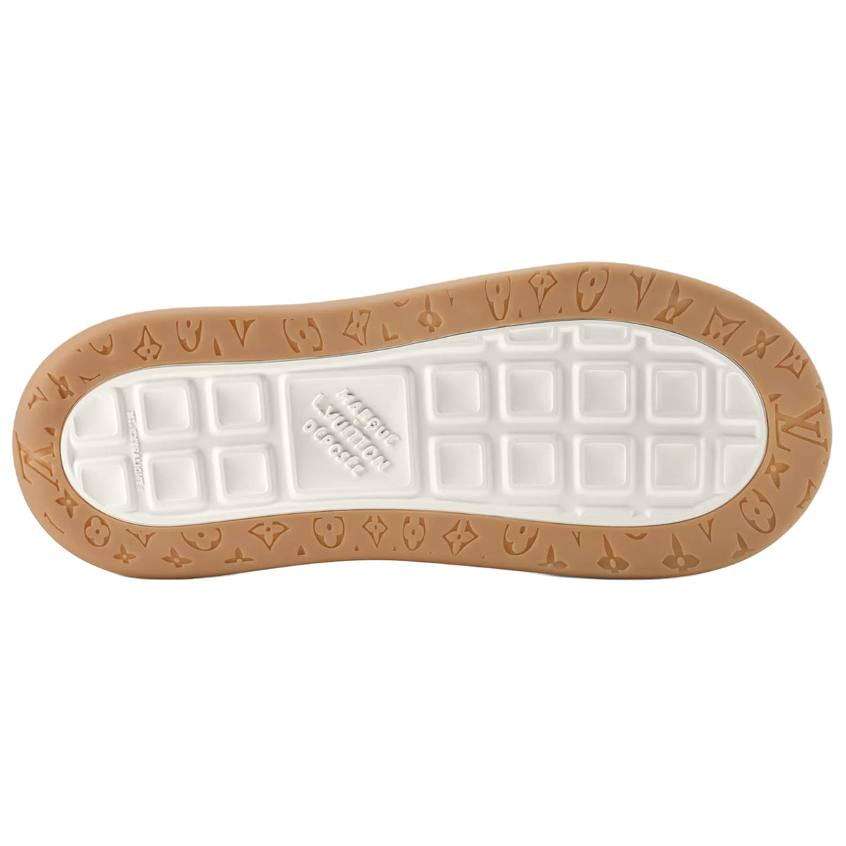 Louis Vuitton LV Ollie Deep Navy Blue Suede & Off-White Leather Curved V-Stripe Caramel Heel Accent Gum Checkered Sole Low-Top Sneakers – Navy, Cream & Caramel