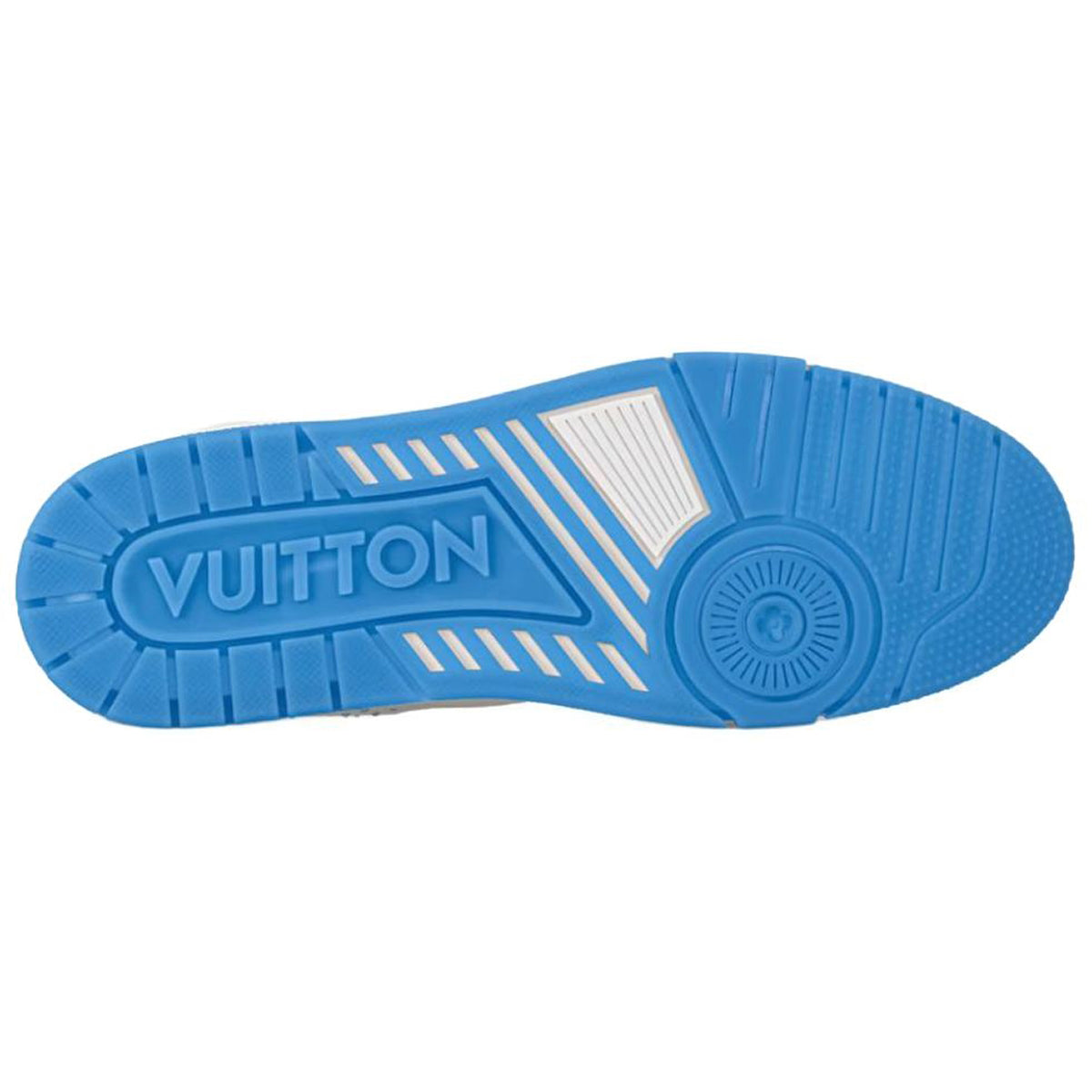 Louis Vuitton Trainer White Smooth Leather Silver Stud Embellishment & Sky Blue Diamond Mesh Low-Top Sneakers – White & Sky Blue